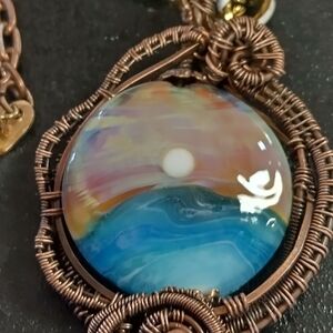 Blue and Gold Wire-Wrapped Necklace with Intricate Design